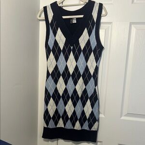 Argyle Knit Sleeveless Dress - White and Blue